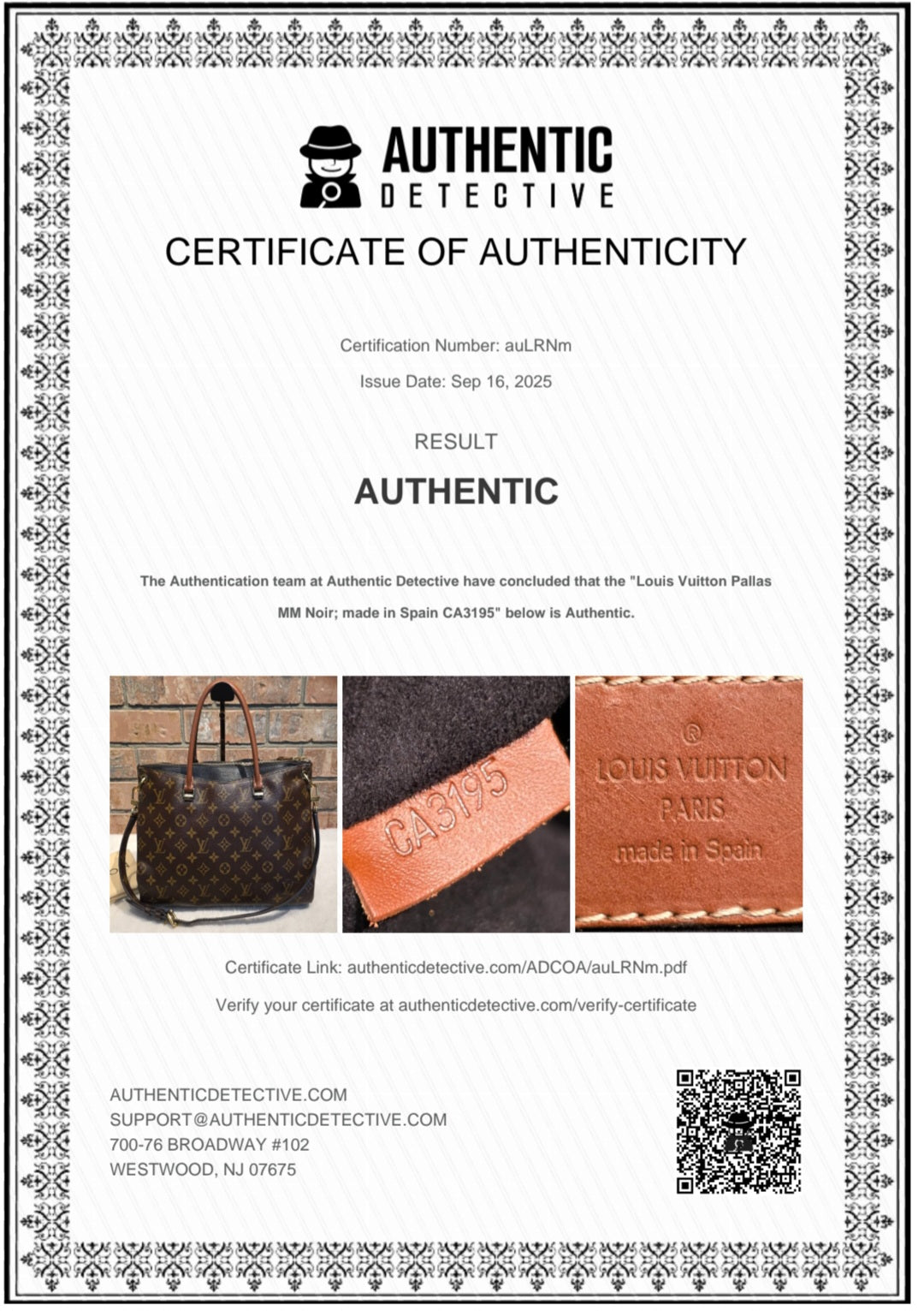 Authentic Louis Vuitton Pallas MM Noir