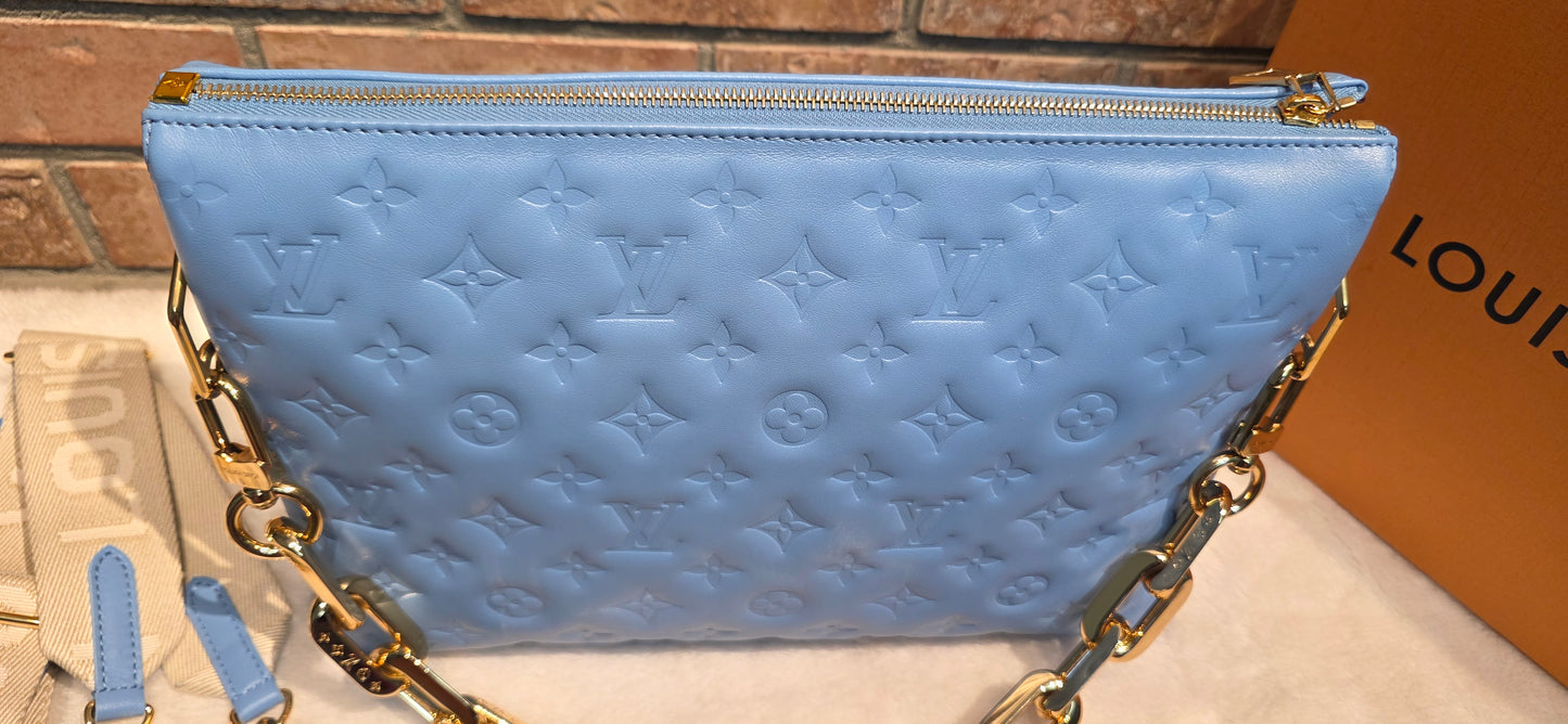 Authentic Louis Vuitton Coussin MM Embossed Monogram in Bleuet