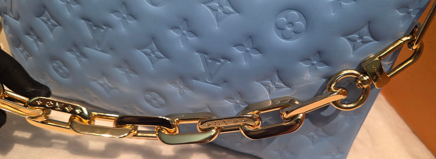 Authentic Louis Vuitton Coussin MM Embossed Monogram in Bleuet