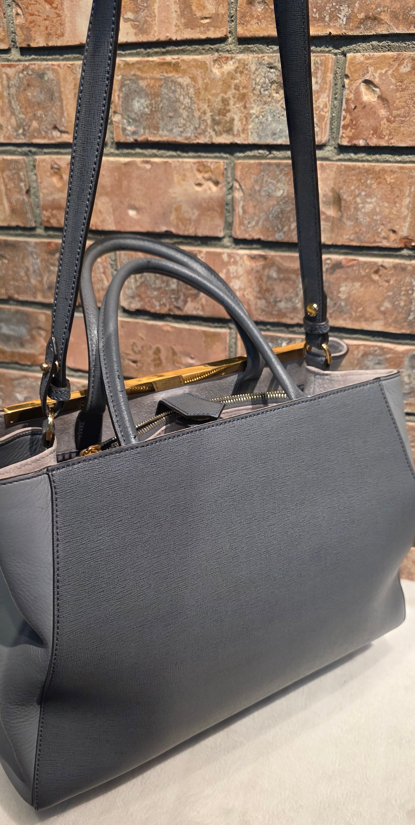 Authentic FENDI Saffiano Leather 2Jours Tote in Gray