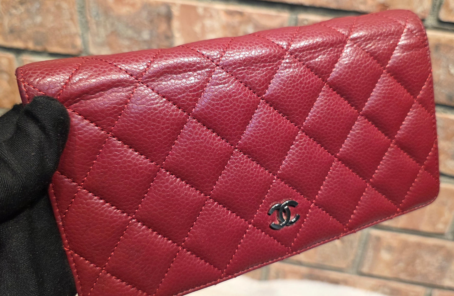 Authentic Chanel Quilted Caviar Long Flat Wallet - Silver Hardware