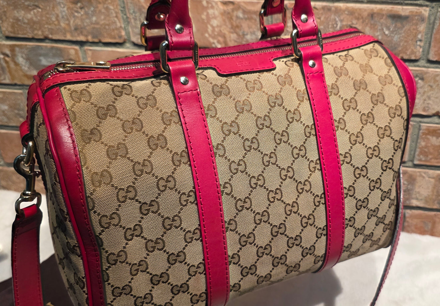 Authentic Gucci Boston Bag with Red Leather Trims