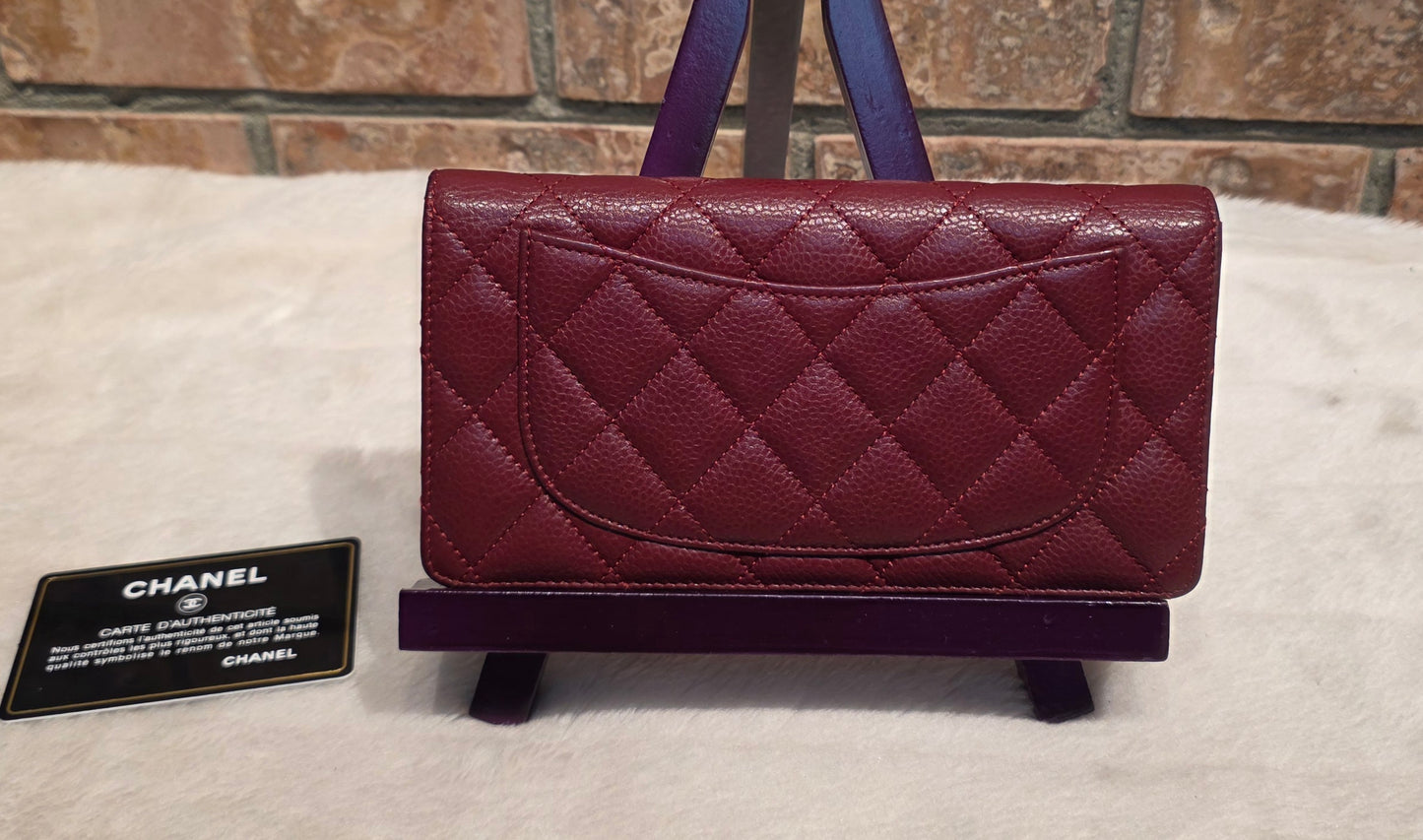 Authentic Chanel Quilted Caviar Long Flat Wallet - Silver Hardware