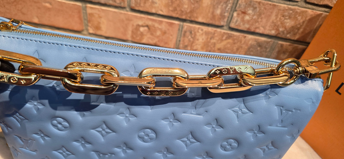 Authentic Louis Vuitton Coussin MM Embossed Monogram in Bleuet