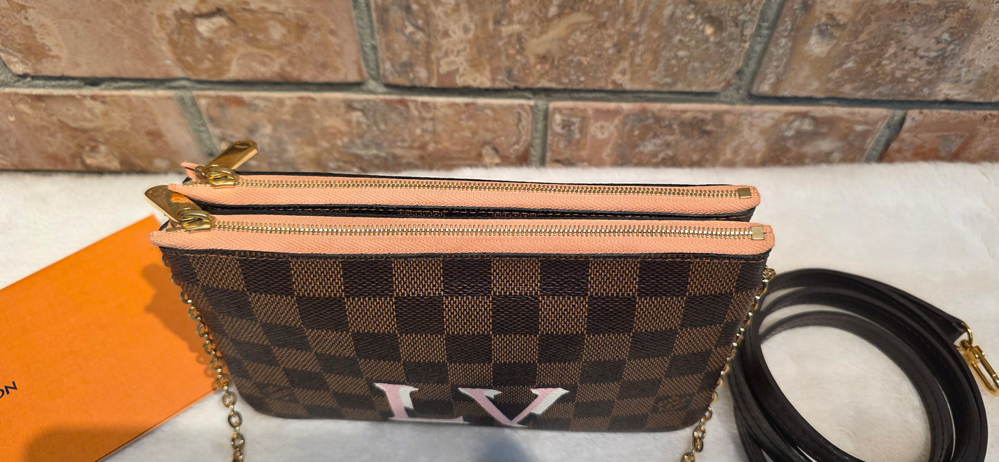 Authentic Louis Vuitton Double Zip Pochette Damier Ebene with Extra Authentic Leather Strap