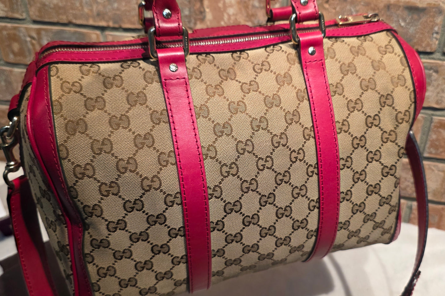Authentic Gucci Boston Bag with Red Leather Trims