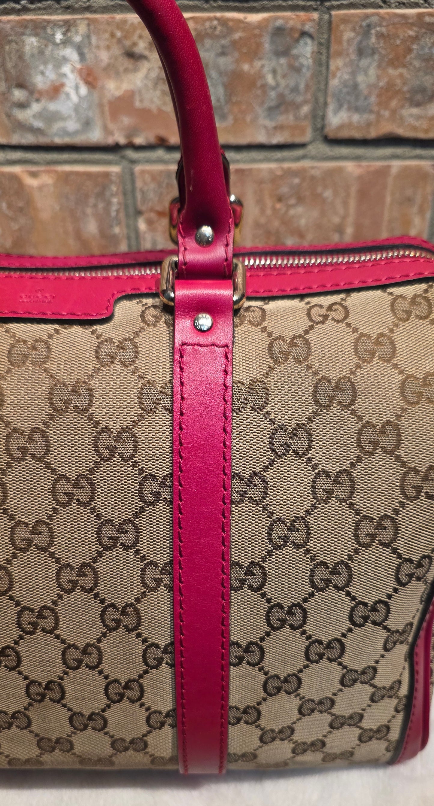 Authentic Gucci Boston Bag with Red Leather Trims