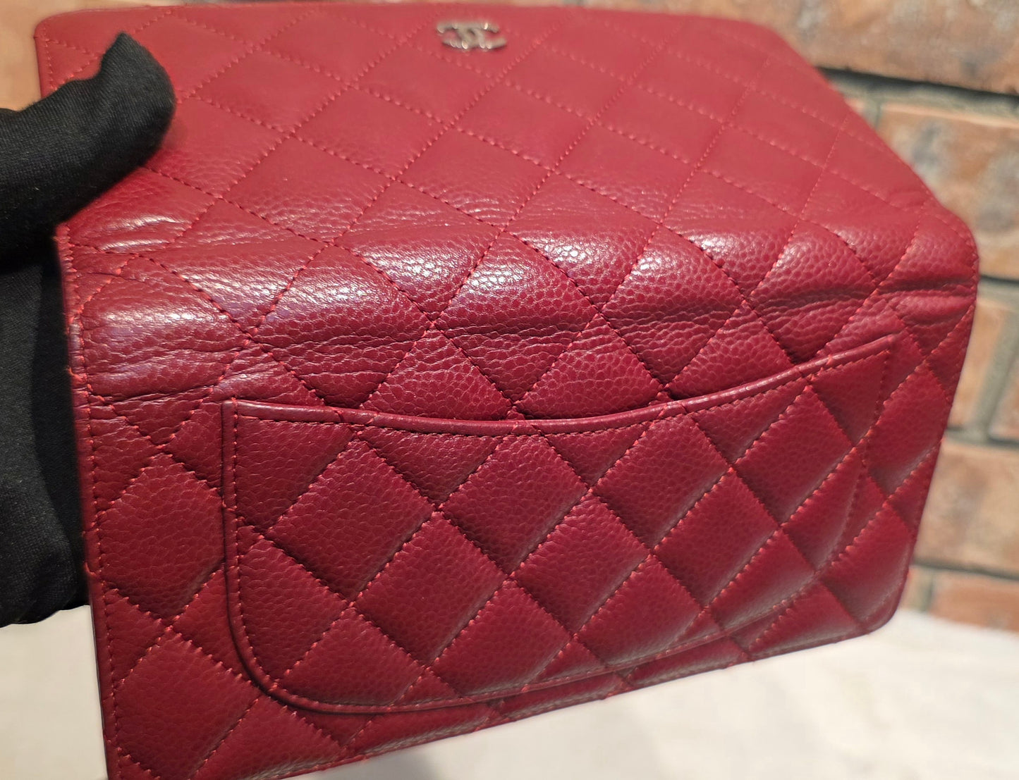 Authentic Chanel Quilted Caviar Long Flat Wallet - Silver Hardware