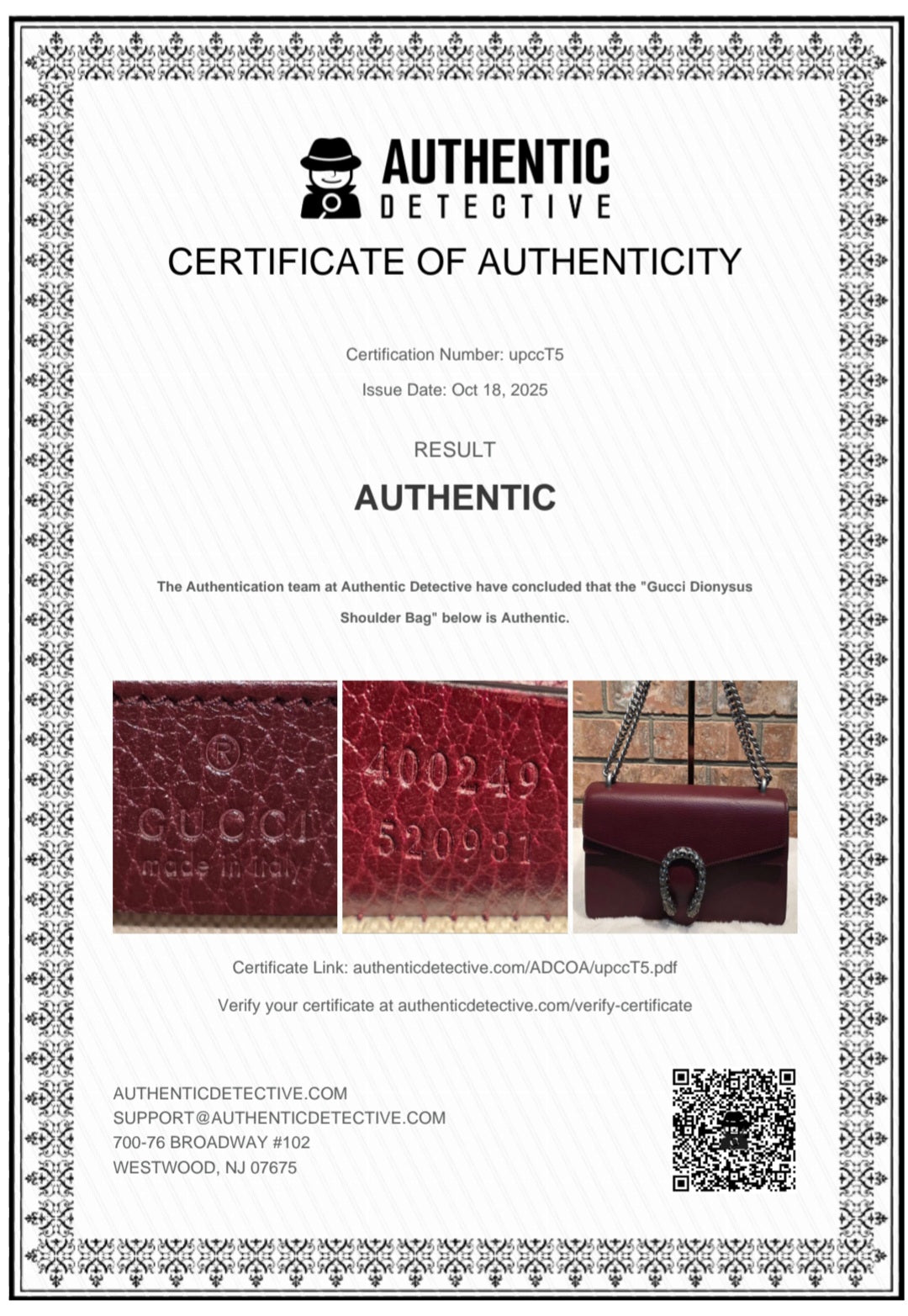 Authentic Gucci Dionysus Shoulder Bag in Burgundy