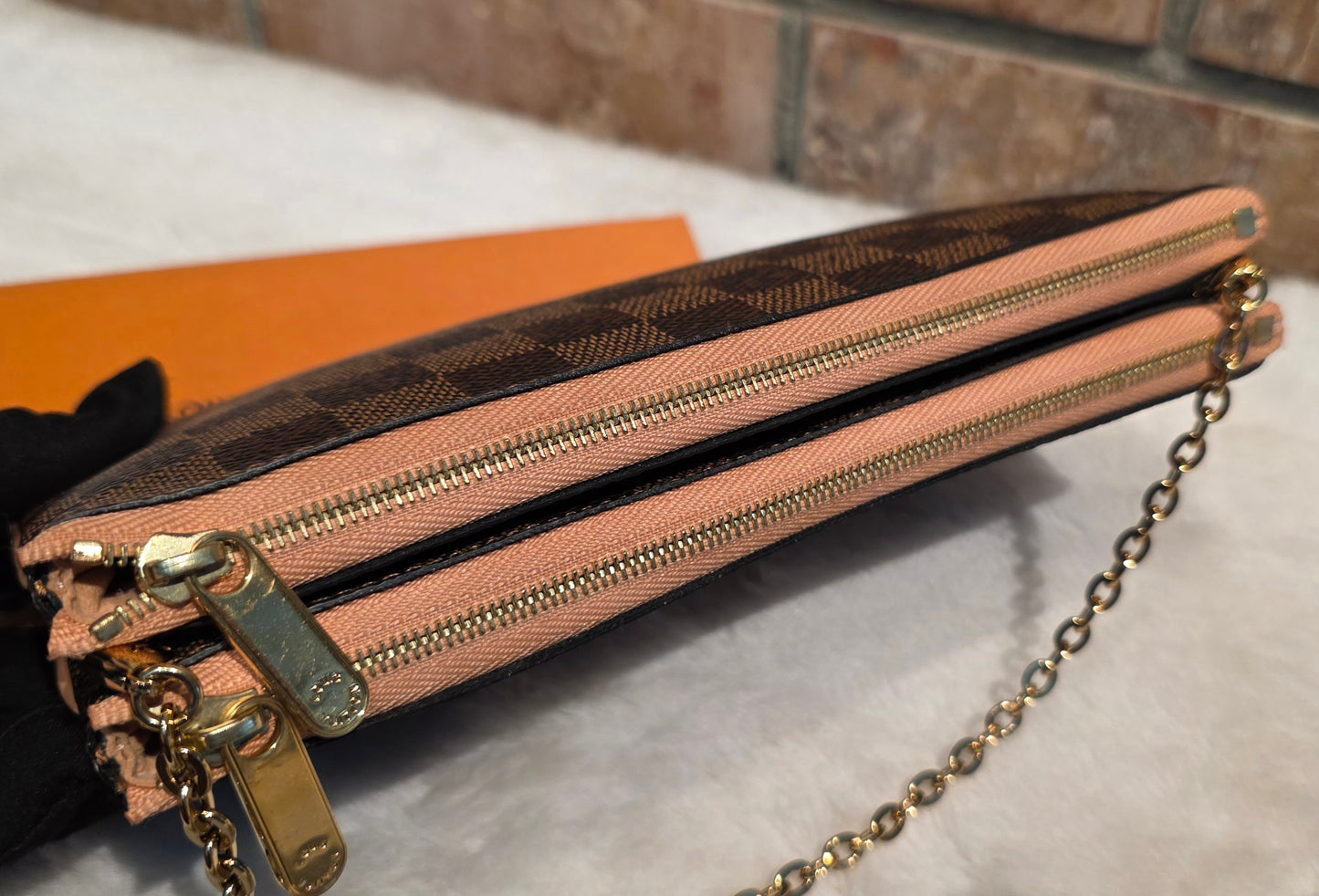 Authentic Louis Vuitton Double Zip Pochette Damier Ebene with Extra Authentic Leather Strap