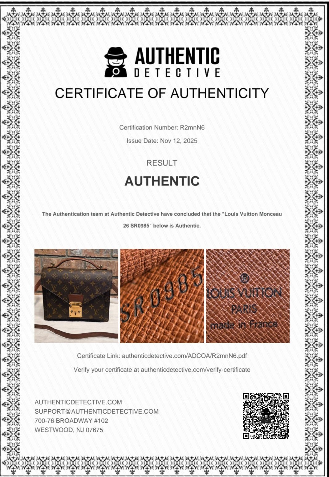 Authentic Louis Vuitton Monceau 26