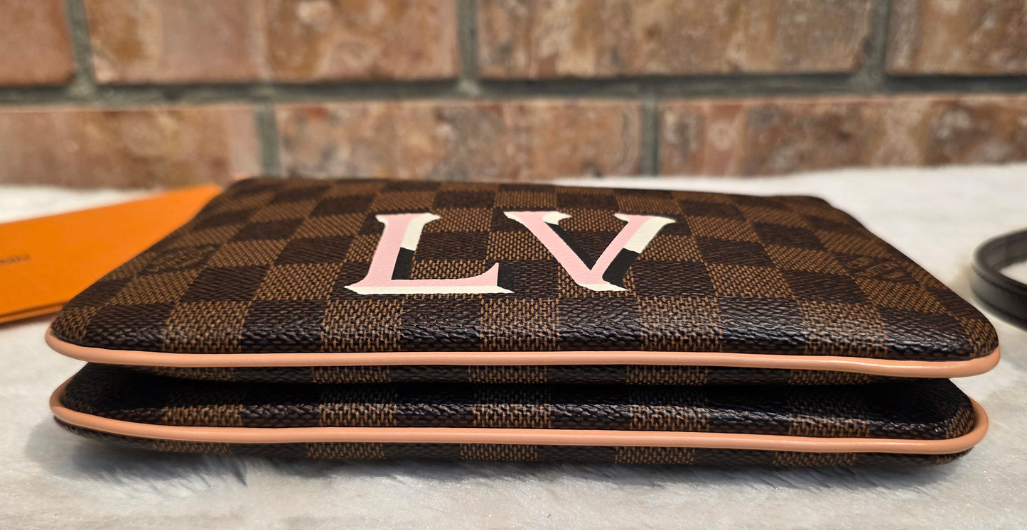 Authentic Louis Vuitton Double Zip Pochette Damier Ebene with Extra Authentic Leather Strap