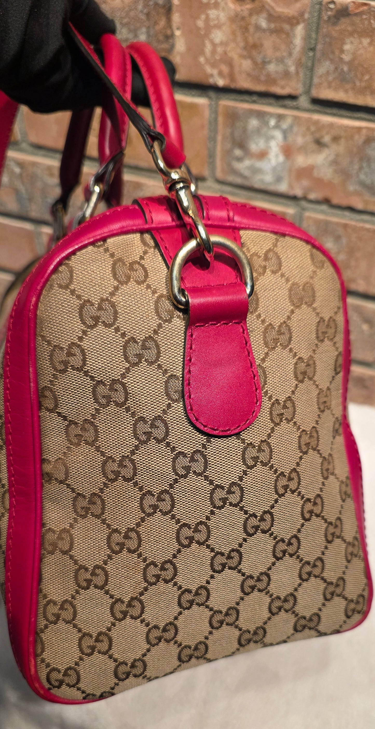 Authentic Gucci Boston Bag with Red Leather Trims