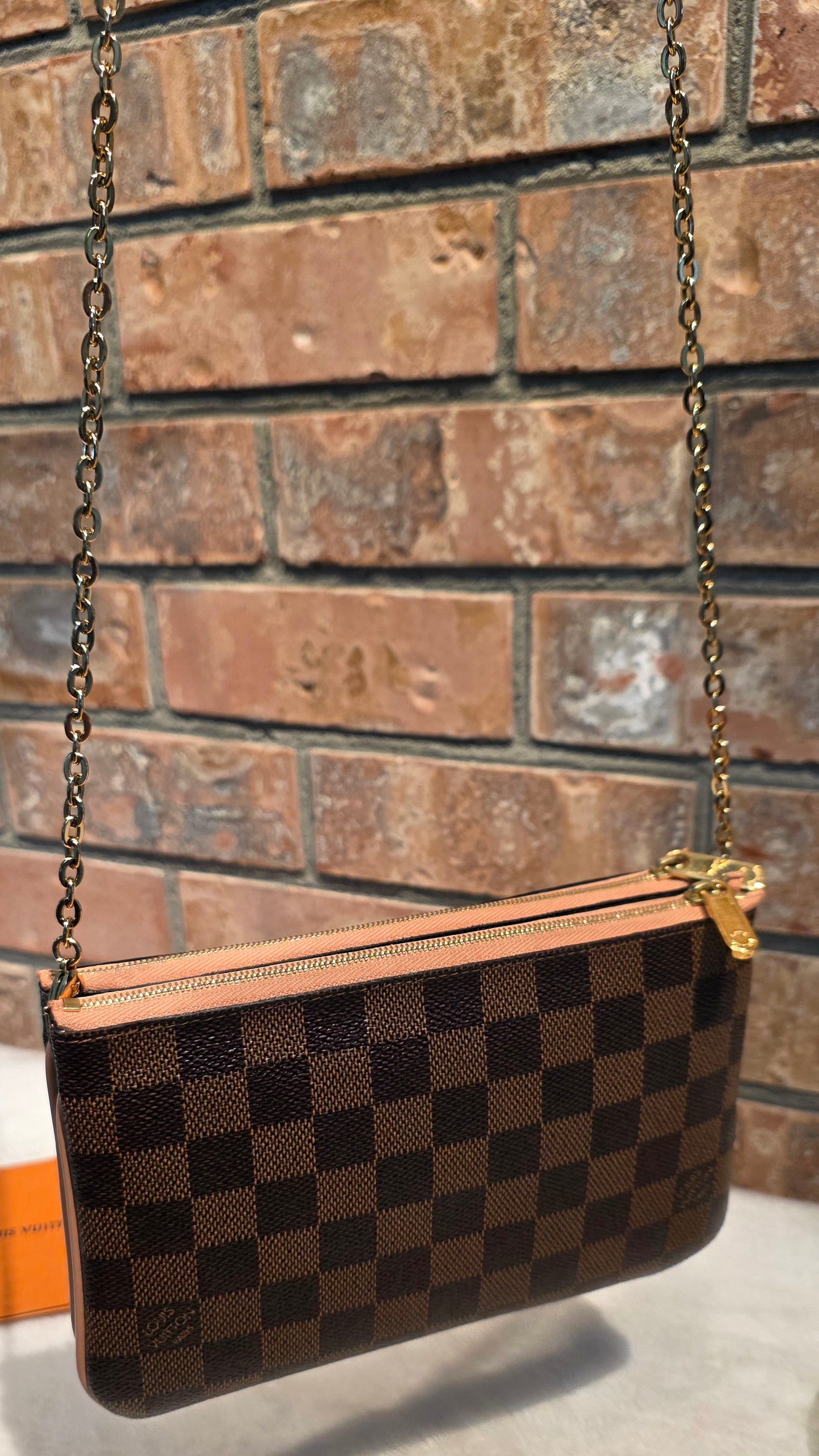Authentic Louis Vuitton Double Zip Pochette Damier Ebene with Extra Authentic Leather Strap