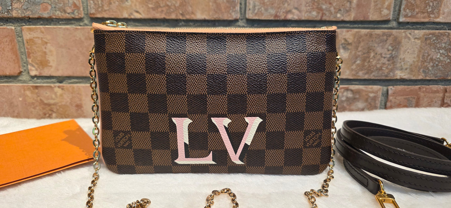 Authentic Louis Vuitton Double Zip Pochette Damier Ebene with Extra Authentic Leather Strap