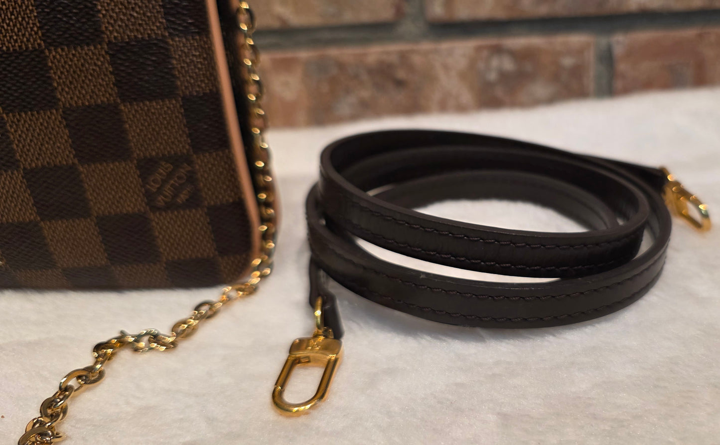 Authentic Louis Vuitton Double Zip Pochette Damier Ebene with Extra Authentic Leather Strap