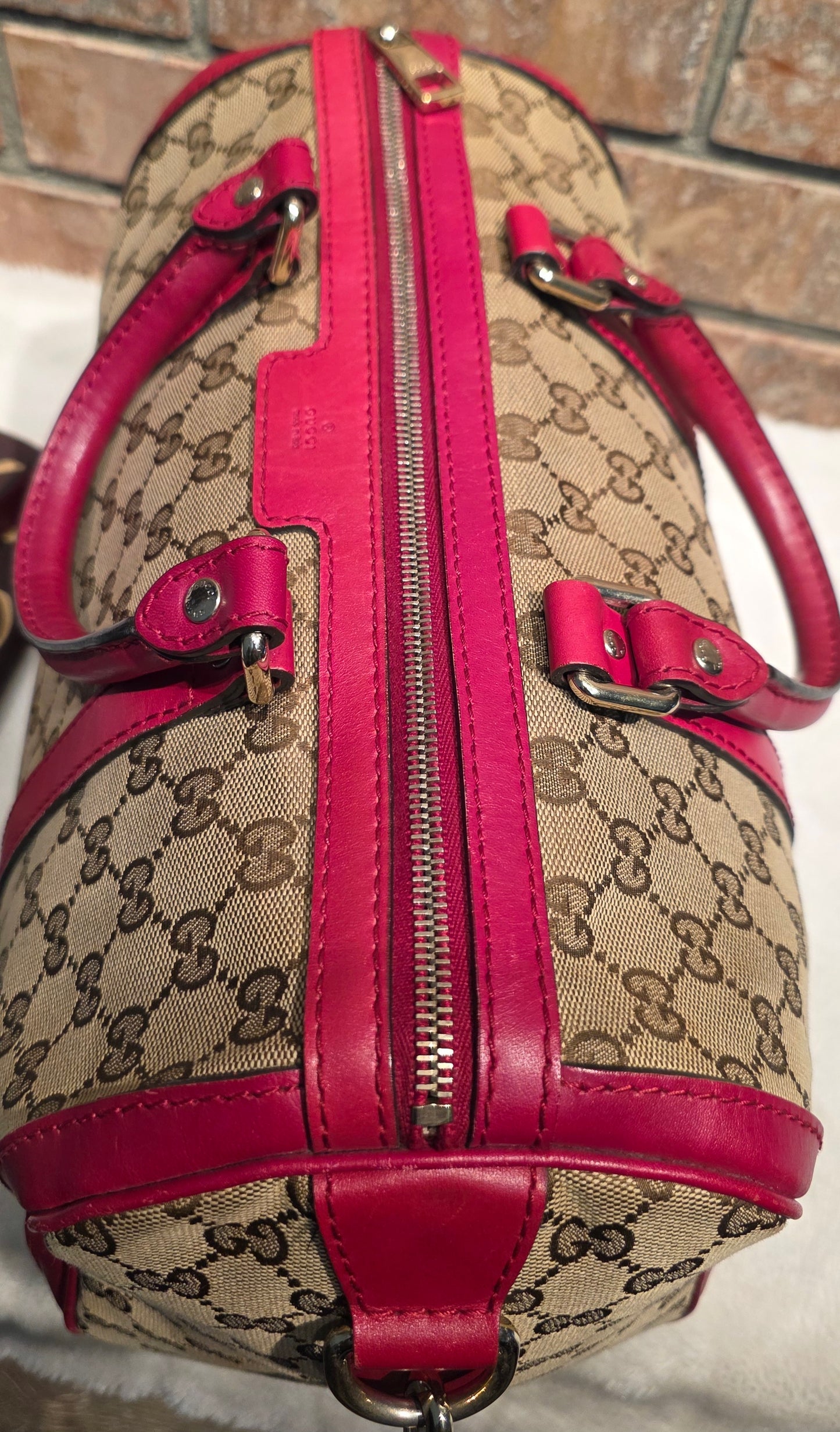 Authentic Gucci Boston Bag with Red Leather Trims