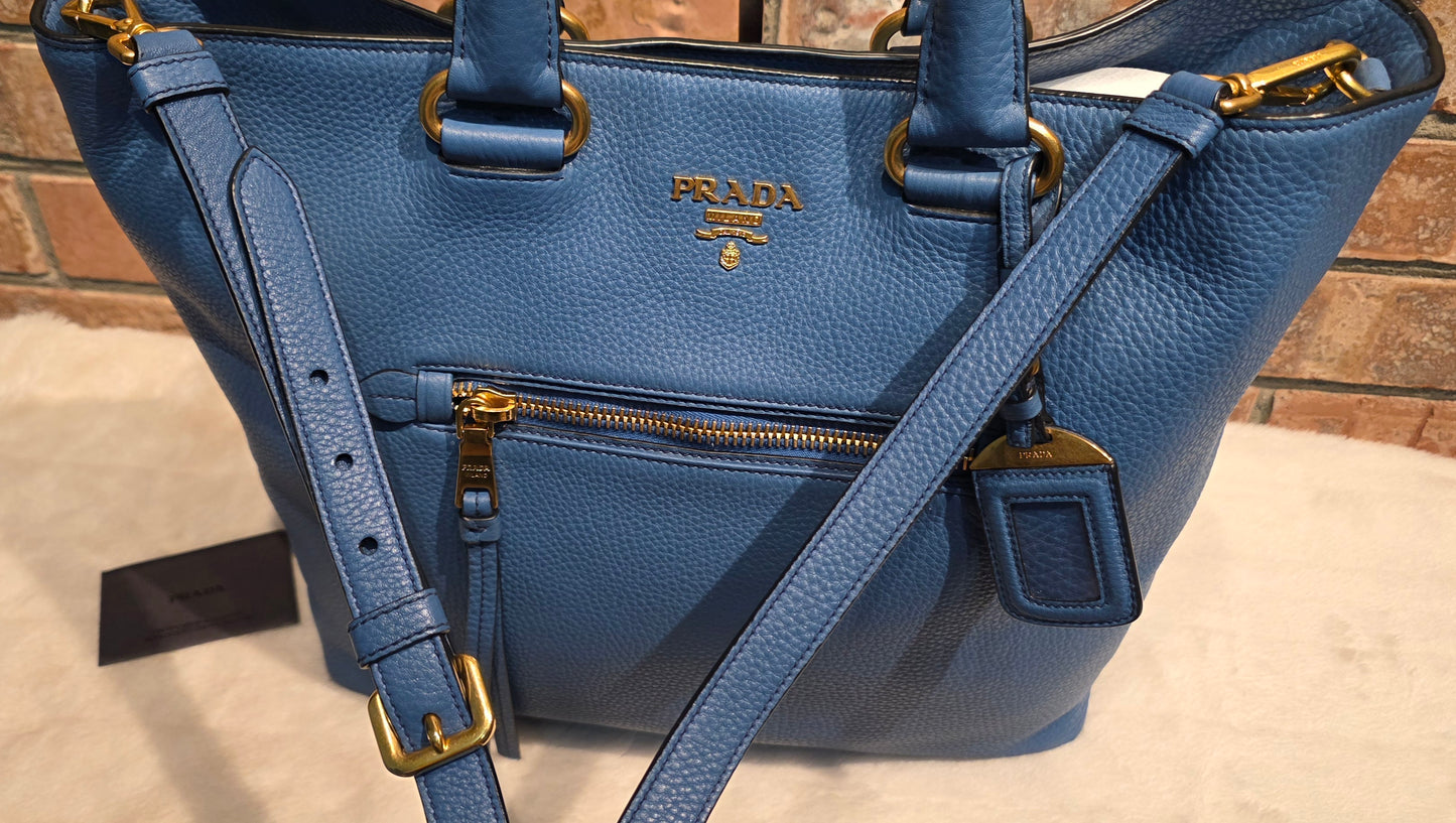 Authentic Prada Vitello Daino Leather Tote in Cobalt/Blue