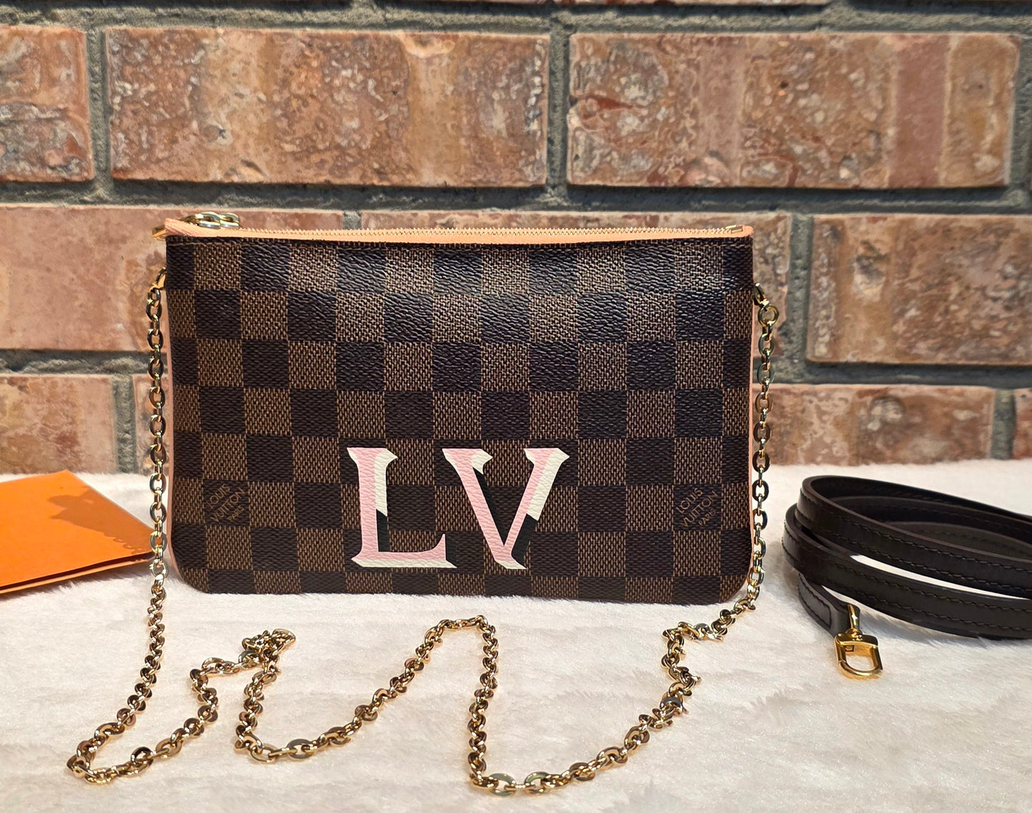 Authentic Louis Vuitton Double Zip Pochette Damier Ebene with Extra Authentic Leather Strap