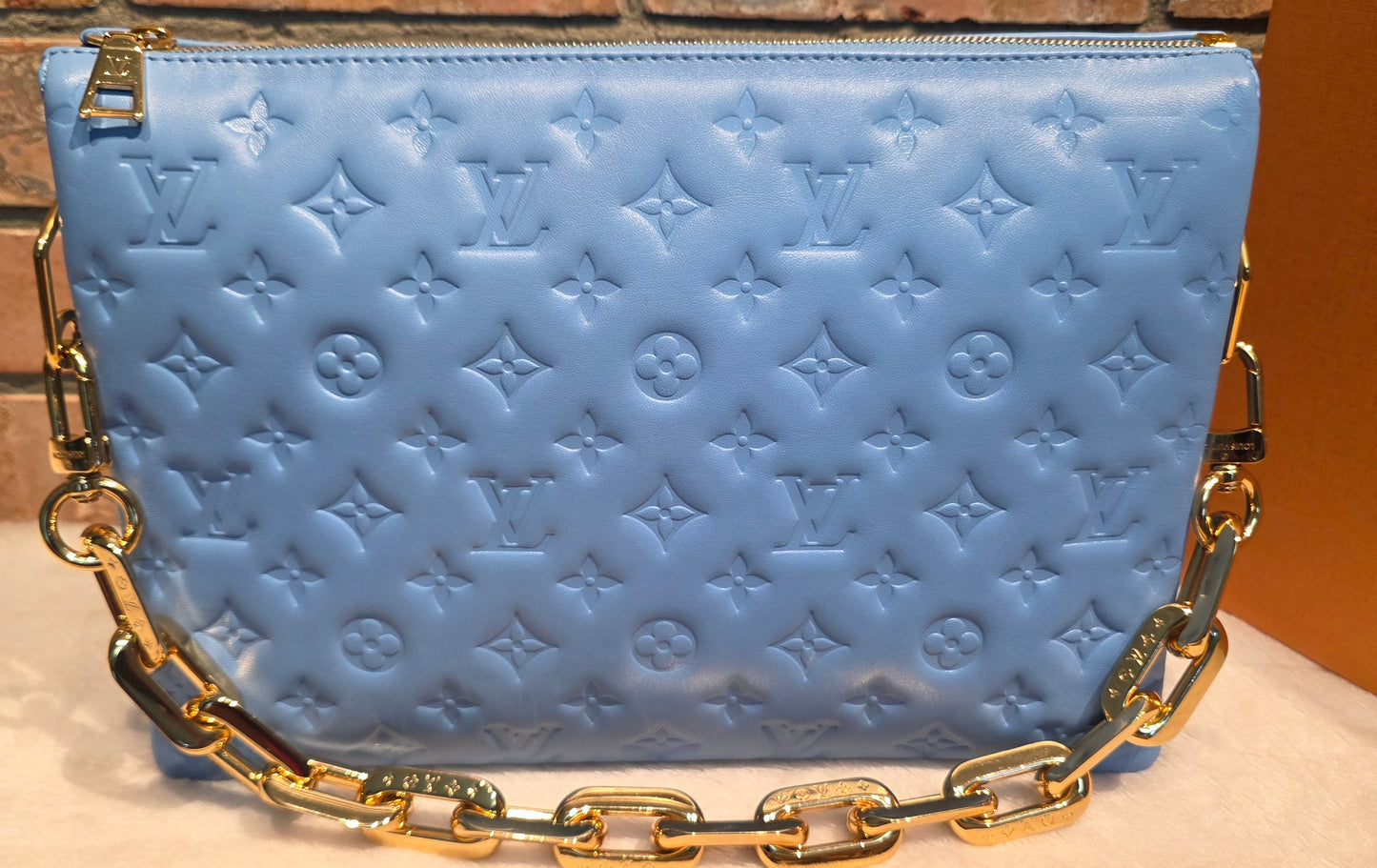 Authentic Louis Vuitton Coussin MM Embossed Monogram in Bleuet