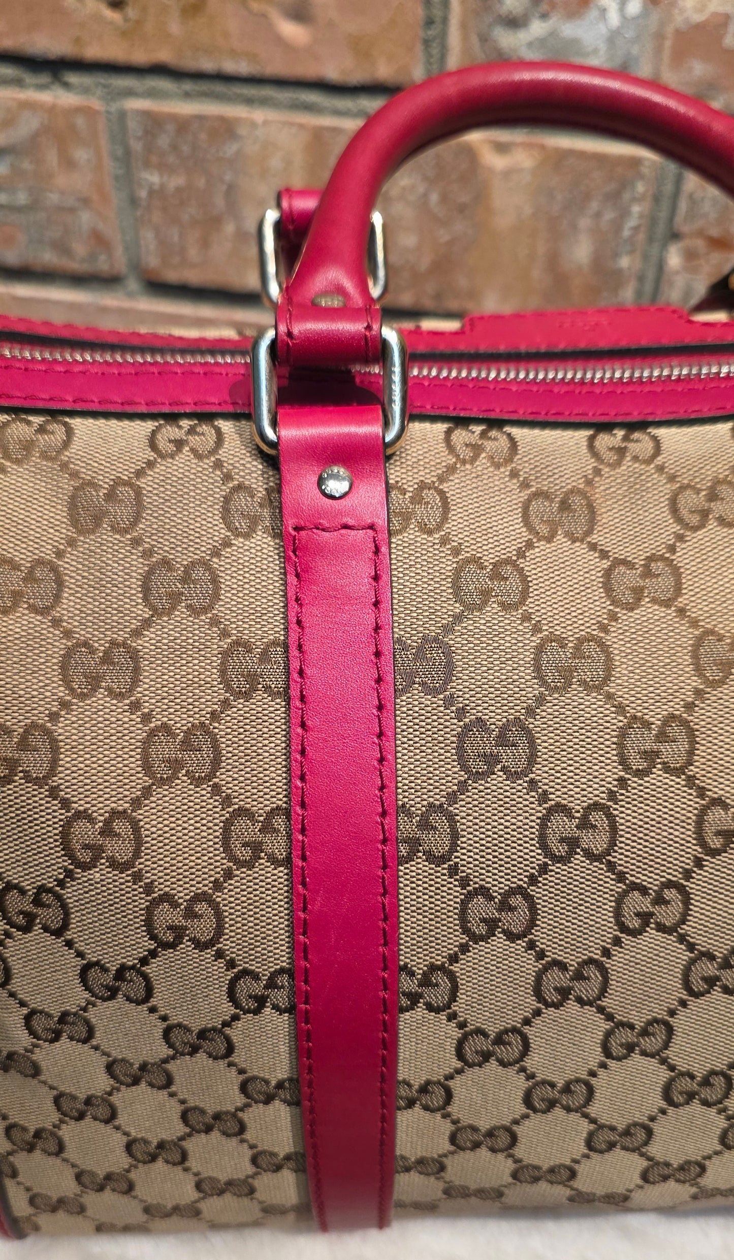 Authentic Gucci Boston Bag with Red Leather Trims