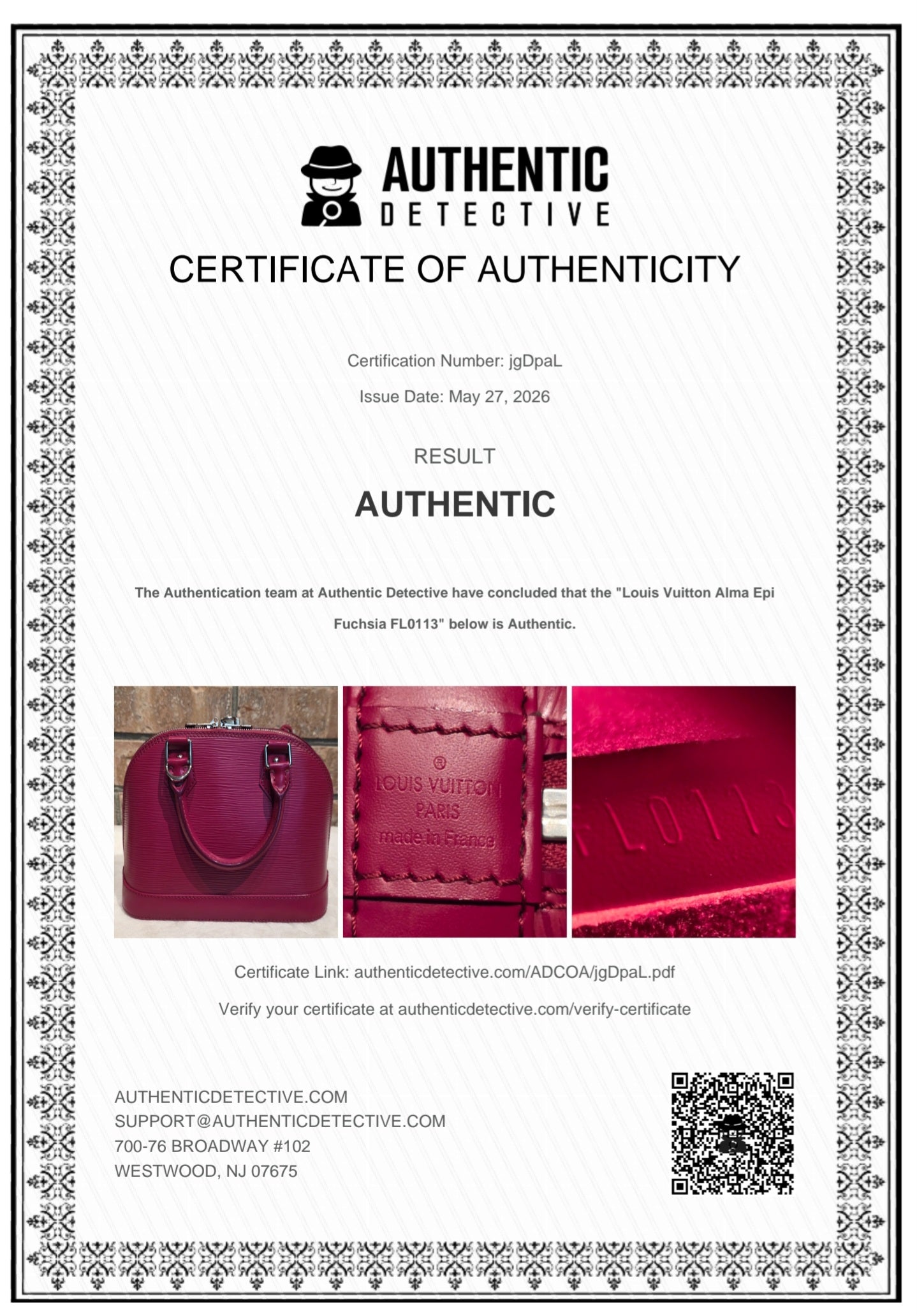 Authentic Louis Vuitton Alma BB Epi Leather in Fuchsia