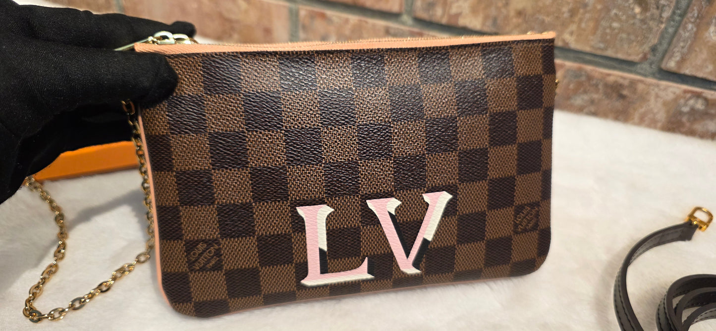 Authentic Louis Vuitton Double Zip Pochette Damier Ebene with Extra Authentic Leather Strap