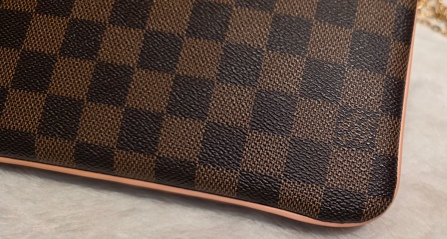 Authentic Louis Vuitton Double Zip Pochette Damier Ebene with Extra Authentic Leather Strap