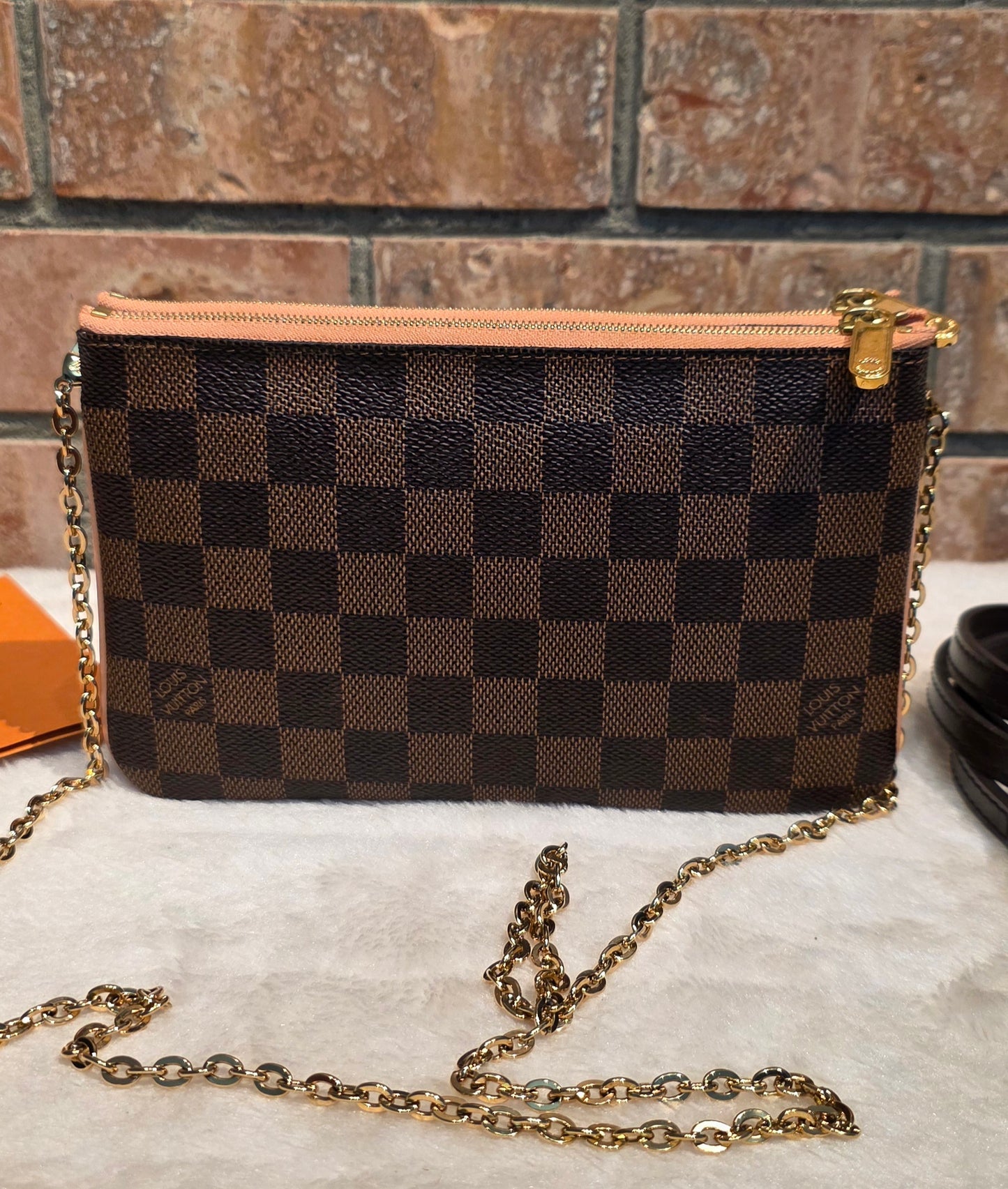 Authentic Louis Vuitton Double Zip Pochette Damier Ebene with Extra Authentic Leather Strap