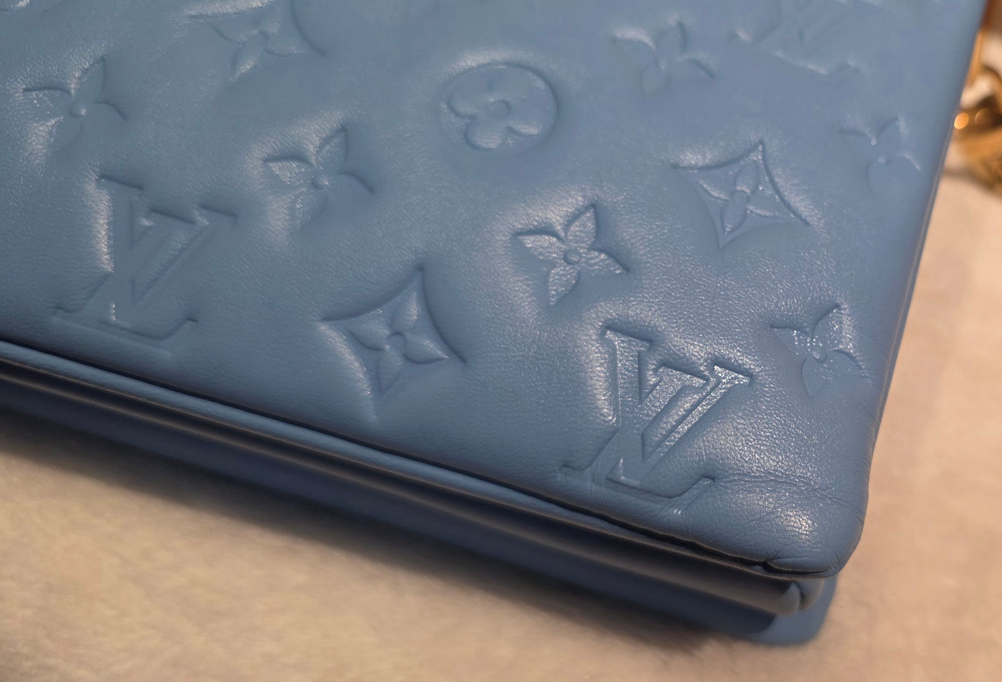 Authentic Louis Vuitton Coussin MM Embossed Monogram in Bleuet