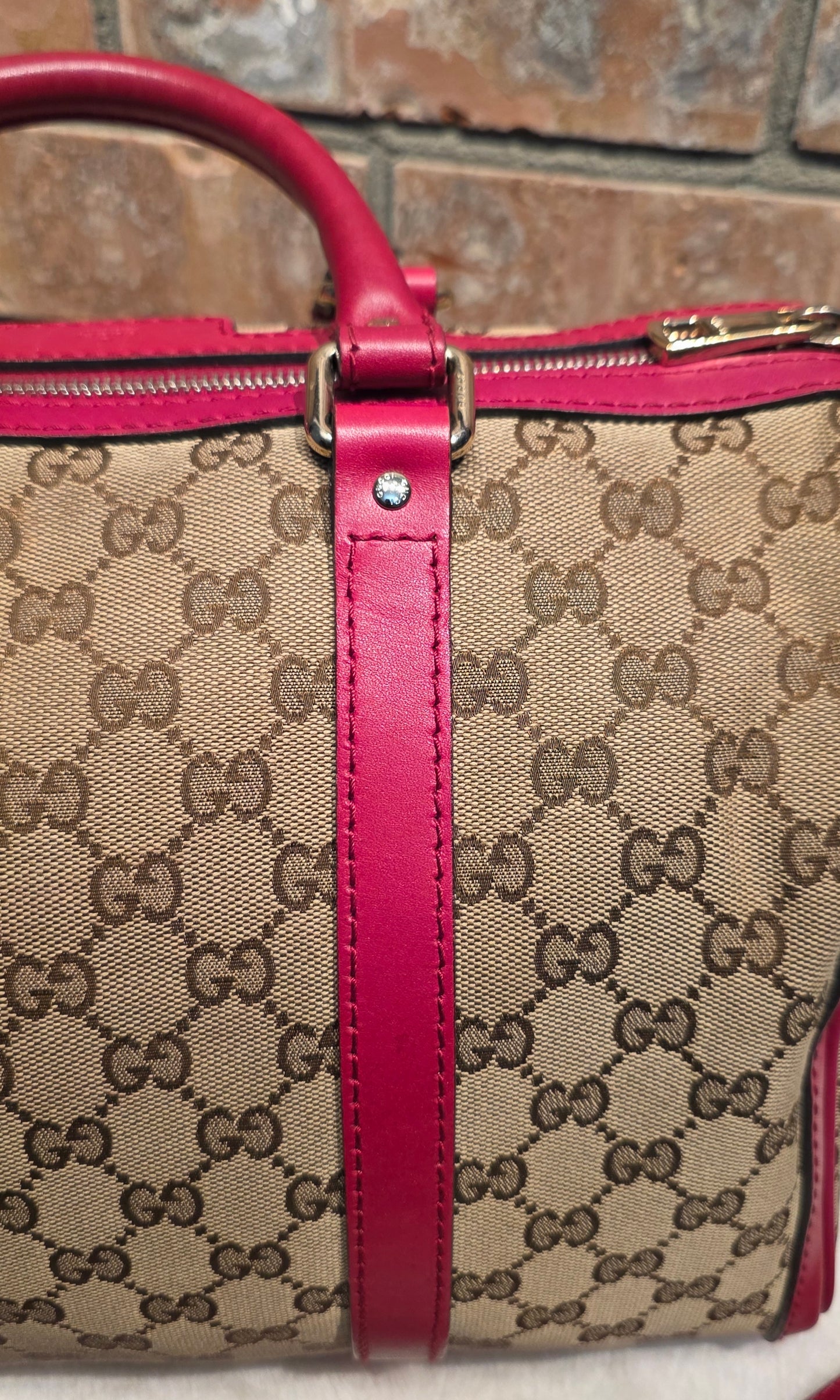 Authentic Gucci Boston Bag with Red Leather Trims