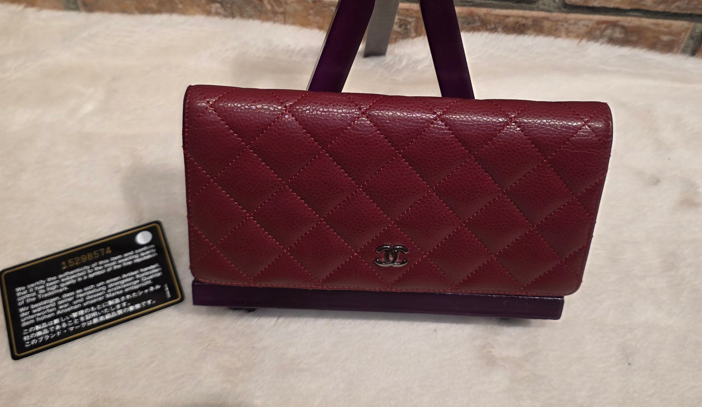 Authentic Chanel Quilted Caviar Long Flat Wallet - Silver Hardware
