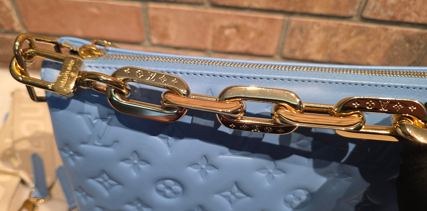 Authentic Louis Vuitton Coussin MM Embossed Monogram in Bleuet