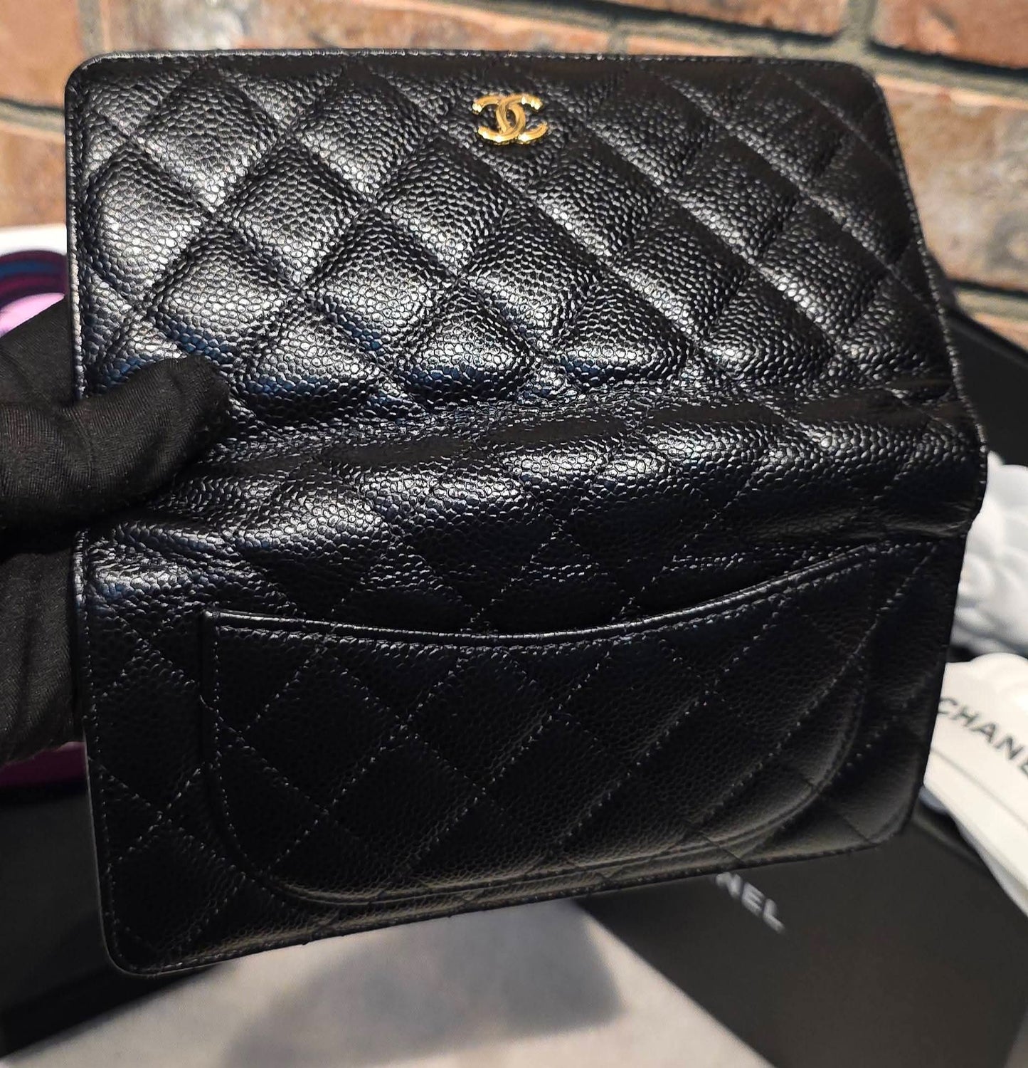 Authentic Chanel Caviar Long Walllet - Black